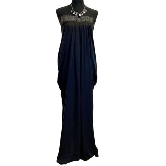 BEBE Black Silk Beaded Trim Formal Ruched Back Strapless Long maxi Dress size S - Picture 1 of 17